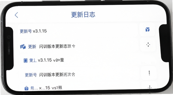 闪训版本更新日志页面截图，手机屏幕显示更新列表与版本号v3.1.15，页面顶部有“更新日志”标题，背景为纯净白色，搭配少量蓝色点缀，整体风格干净利落