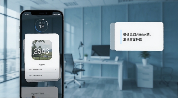 英语演讲APP模拟演讲场景功能截图,手机屏幕显示计时器和演讲话题卡片,背景为简约办公室,冷色调