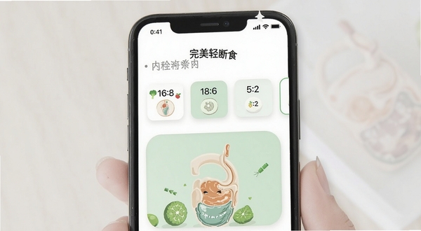 完美轻断食应用内多种断食方案选择页面,手机屏幕展示16:8、18:6、5:2等选项卡,背景为干净的白色与淡绿色搭配,界面清爽,适配Boogu模型生成