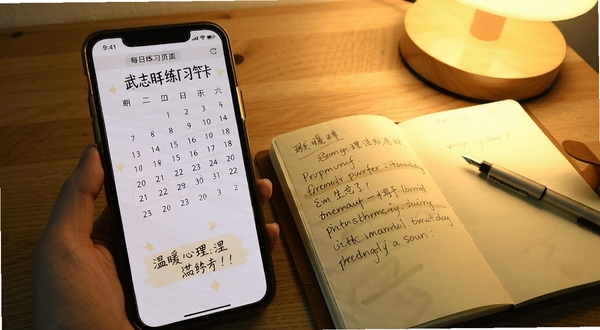 武志红心理每日练习打卡页面,手机屏幕展示日历式打卡记录与一句温暖的鼓励语,画面主体为手机与手写笔记本并排,背景为原木色桌面与暖光台灯,风格安静治愈