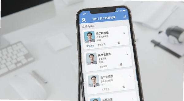 粉丝兔软件中员工档案管理功能界面,画面主体为手机屏幕显示员工信息卡片列表,背景为浅灰色办公桌面,画面简洁明亮,突出信息清晰排列的视觉效果