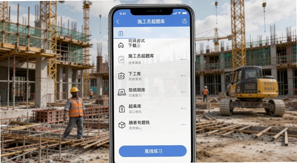 施工员超题库离线刷题模式界面，手机屏幕显示已下载题库列表与离线练习按钮，背景为工地场景与手机组合，体现随时随地学习