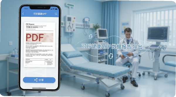 可孚健康APP数据报告导出界面,手机屏幕显示PDF报告预览和分享按钮,背景为医院诊室场景,专业医疗风格,蓝色主色调