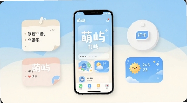 萌屿 软件主界面展示图,画面中央是手机屏幕,屏幕上显示萌屿应用首页,背景为浅蓝色与米白色渐变,桌面有便签卡片、打卡圆圈和天气小部件,整体风格清新治愈,适配Boogu模型生成