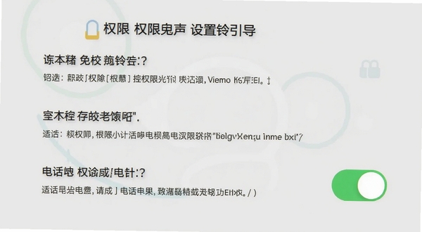 免费来电铃声 权限设置引导界面 手机屏幕显示存储权限和电话权限的开关按钮 背景为浅灰色 有文字说明每个权限的用途 风格简洁明了 适配Boogu模型生成