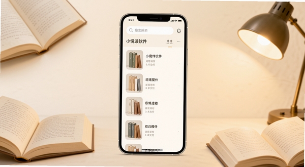 小鹿悦读软件主界面全貌展示,居中位置为手机屏幕正视图,屏幕内呈现简洁的书架列表与顶部搜索栏,背景区域为柔和的浅米色渐变,四周点缀几本翻开的书籍与暖色台灯光晕,整体画面风格清新自然,适配Boogu模型生成