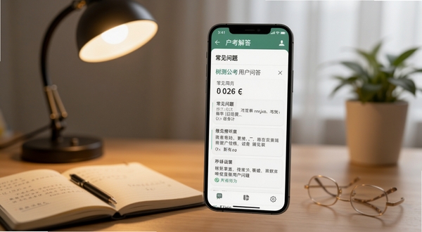 树测公考用户问答界面，手机屏幕展示常见问题列表与解答内容，背景为柔和的书桌场景，有台灯和笔记本