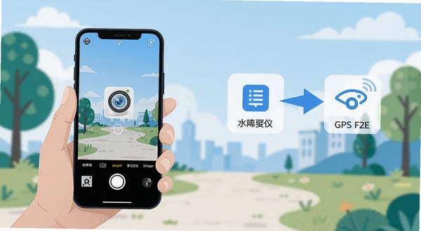 水印相机快速定位打卡使用教程示意图,画面展示一只手拿着手机在户外进行拍照操作,手机屏幕显示正在加载水印界面,旁边有箭头指向权限设置图标与GPS信号图标,风格为扁平化科技插画,色彩以蓝色和白色为主