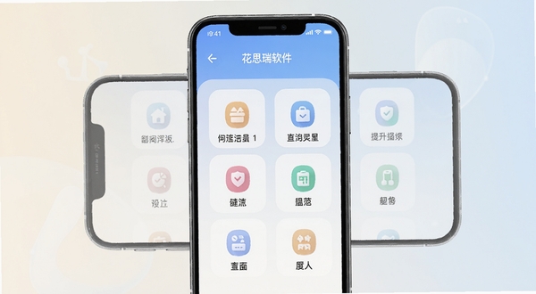 花思瑞软件首页功能面板展示,手机屏幕居中,界面清爽,图标排列整齐,背景为浅色渐变,突出生活服务工具的核心定位