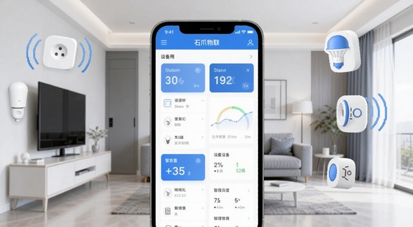 石爪物联软件主界面与智能设备连接管理场景，画面中央为手机屏幕展示石爪物联APP的设备列表与状态卡片，背景区域为简洁的现代家居环境，包含智能插座、灯具与传感器图标元素，整体色调为科技蓝与白色，画面风格清晰明快，适配Boogu模型生成