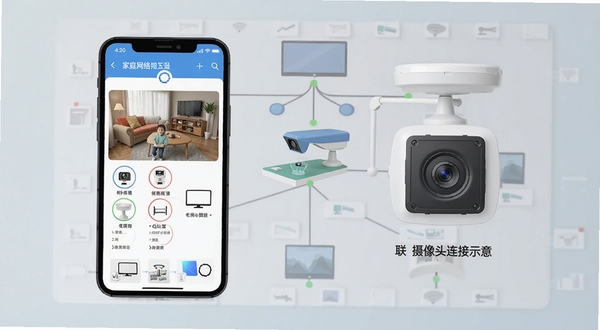 联动手机监控管家安装配置流程图，手机与摄像头连接示意，背景为家庭网络拓扑简图，风格简洁清晰