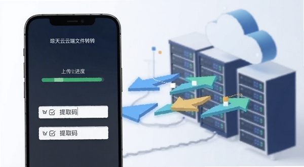 琼天云云端文件中转功能界面展示,画面主体为手机屏幕显示上传进度条与提取码输入框,背景为抽象化的云端服务器与数据交换箭头,风格简约商务,适配Boogu模型生成