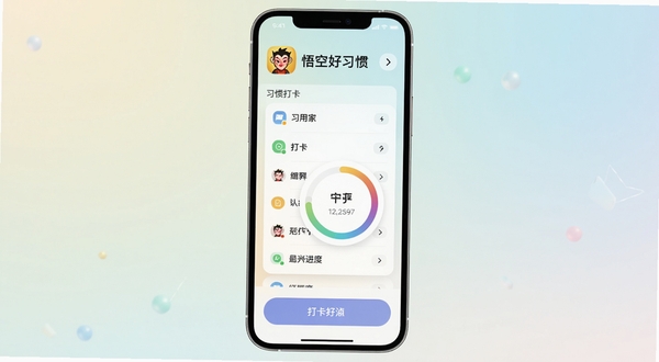悟空好习惯 应用主界面展示 手机屏幕中央显示习惯打卡列表与进度环形图 背景为柔和浅色渐变 画面简洁明快 突出应用图标与打卡按钮 整体风格清新现代
