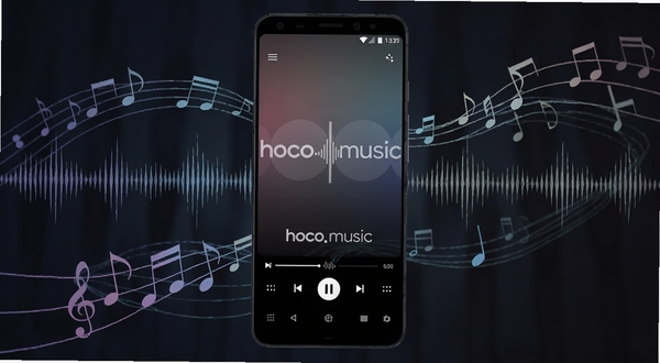 画面中心位置放置一部安卓手机，手机屏幕亮起展示hoco.music播放器界面，背景为深色渐变音乐氛围，周围环绕流动的音符与声波纹理，整体风格现代简洁，适合Boogu模型生成