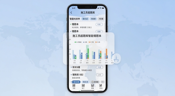 施工员超题库智能错题本界面，手机屏幕展示错题列表与知识点标签，背景为淡蓝色渐变，画面中央有醒目的错题统计图表