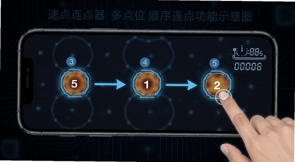 速点连点器多点位顺序连点功能示意图，手机屏幕上标注了三个带数字序号的点击热区，箭头连接表示点击顺序，旁边有毫秒计时器图标，背景为深色科技风格，画面清晰展示操作流程