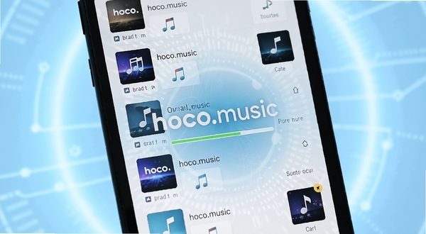 手机屏幕显示hoco.music本地音乐扫描进度界面，曲库列表整齐排列，背景为淡蓝色科技感光晕，画面中心突出软件名称hoco.music，整体风格清爽