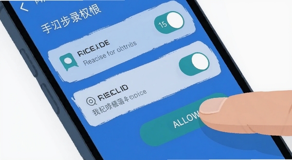 步录朝夕 手机设置权限界面 展示通知与存储权限开关 手指点击允许按钮 扁平插画 蓝色主色调 清晰图标