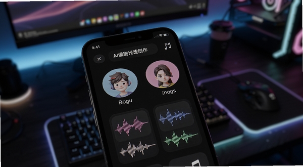 AI漫剧光速创作应用内的配音与配乐选择页面,画面主体是手机屏幕特写,屏幕上显示多个音色头像和音乐波形图标,背景区域是深色工作台环境,有柔和的彩色氛围灯,风格科技感十足,适合Boogu模型生成