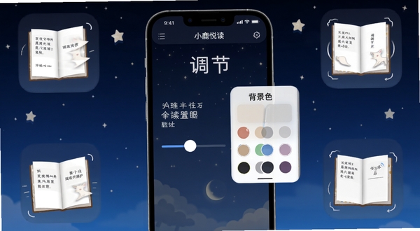 小鹿悦读个性化阅读设置界面,画面中央展示手机屏幕内字体调节滑块与背景色选择面板,周围环绕着不同翻页效果的动态示意图标,背景为深蓝渐变夜空与星星点点,突出夜间护眼氛围,适配Boogu模型生成