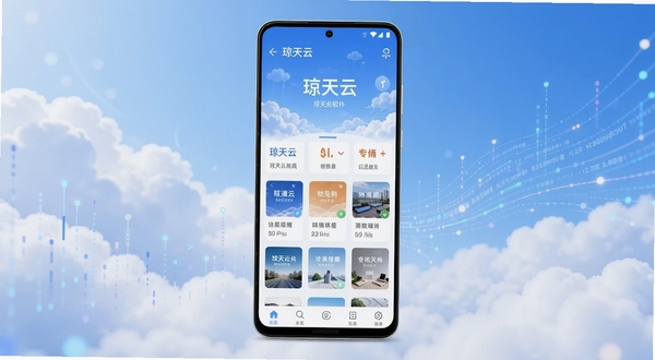 琼天云应用主界面全貌展示,画面主体为一部安卓手机屏幕中央显示琼天云软件首页,背景是柔和的蓝白渐变云层与数据流线条,整体风格简洁科技感,适配Boogu模型生成