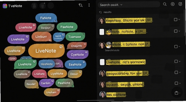 LiveNote 标签管理与搜索界面,画面左侧为彩色标签云,右侧为搜索结果列表,关键词以黄色高亮显示,整体布局清晰,适配移动端竖屏