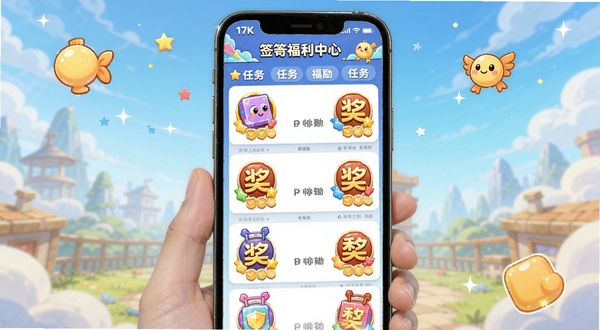17K小说 签到福利中心页面 手机屏幕展示任务列表和奖励图标 明亮活泼的配色 卡通风格点缀