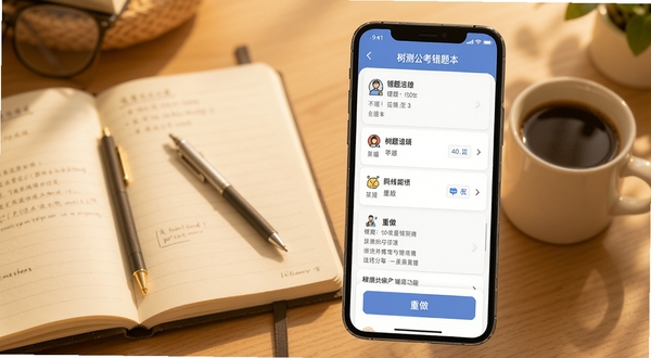 树测公考错题本功能界面，手机屏幕展示错题列表与重做按钮，背景为暖色调学习桌面，有笔记本和咖啡杯点缀