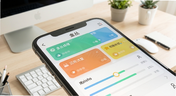 金丛任务管理界面特写,展示彩色任务卡片与进度条,手机屏幕中显示金丛字样,背景为办公桌面,风格清爽明快