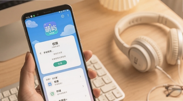 萌屿 手机安装与设置界面图,画面主体为手持安卓手机,屏幕显示萌屿的权限设置页面和存储管理选项,背景为书桌与耳机,色调柔和偏暖,适配Boogu模型生成