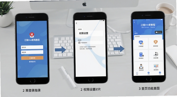 江铜Home使用教程示意图,画面展示手机屏幕分步操作指引,包括登录界面、权限设置页面与首页功能布局,背景为浅灰色办公桌面,风格清晰直观