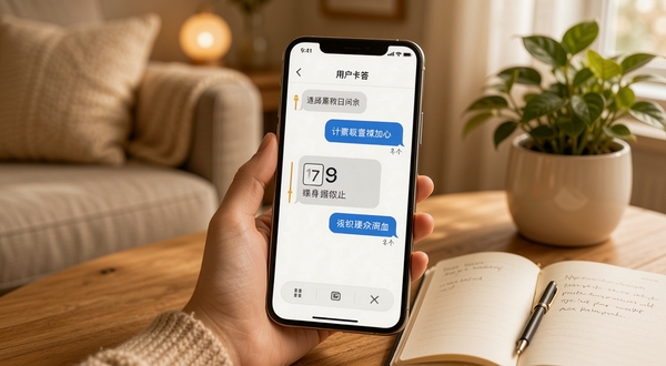 文案卡片用户问答场景图,画面展示手机屏幕中显示问答对话界面,背景为温馨的室内环境,旁边有笔记本和绿植点缀,整体色调温暖舒适
