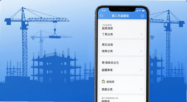 施工员超题库手机应用主界面展示，画面中央是手机屏幕显示题库分类列表，背景为建筑工地剪影与蓝色渐变底色，简洁专业的UI风格