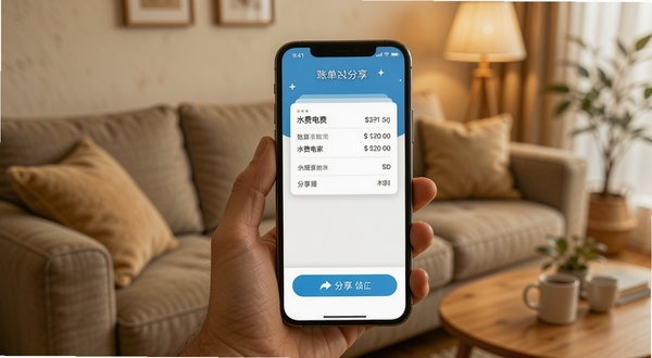 水费电费计算管家账单导出分享界面,手机屏幕显示账单卡片与分享按钮,背景为客厅沙发场景,暖色调,画面温馨,突出便捷分享功能