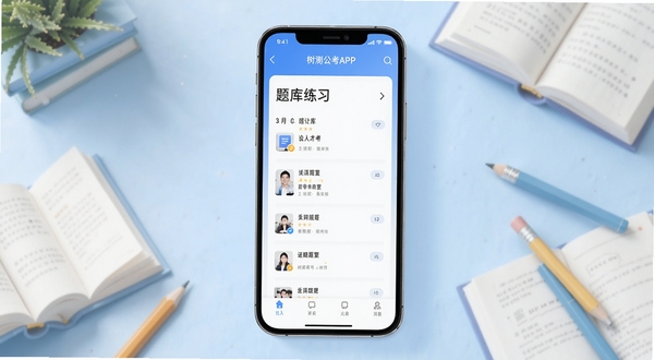 树测公考APP主界面展示，手机屏幕居中显示题库练习页面，背景为淡蓝色渐变学习场景，周围点缀书本与铅笔元素，整体风格清新简洁