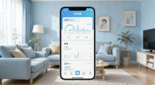 可孚健康APP主界面截图,画面中央展示手机屏幕内健康数据仪表盘,背景为温馨家庭客厅场景,浅蓝色调,简洁明亮,突出健康管理主题