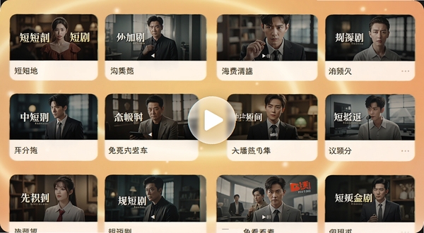 免费全集看短剧海量资源库展示,手机界面中呈现多个短剧分类标签和剧集缩略图,背景使用暖色调光晕,画面中心有播放按钮图标,整体布局清晰有序,适合Boogu模型生成