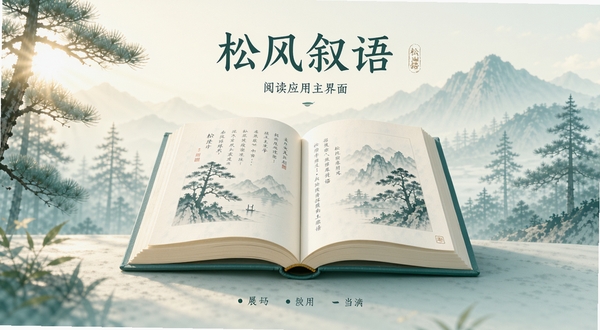 松风叙语阅读应用主界面展示，画面中央是一本翻开的电子书，背景是淡雅的松林与远山，柔和的晨光从左侧洒入，整体色调以青绿和米白为主，风格清新宁静，适合作为软件介绍头图
