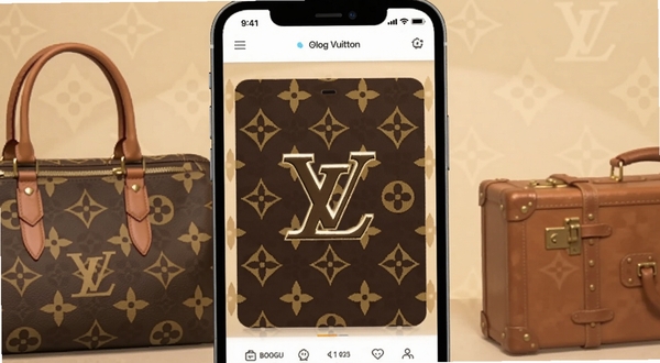 一部智能手机屏幕上展示Louis Vuitton官方应用首页,画面中央是品牌标志性Monogram花纹背景,背景区域为柔和暖色调,手机两侧隐约可见经典手袋与旅行箱轮廓,整体风格奢华简约,适配Boogu模型生成