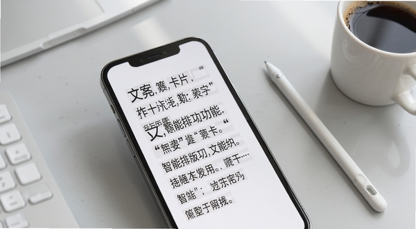 文案卡片智能排版功能展示图,画面主体为手机屏幕特写,屏幕中文字正在自动对齐排列,背景为淡灰色工作台面,旁边放置着一支触控笔和一杯咖啡,营造轻松办公氛围