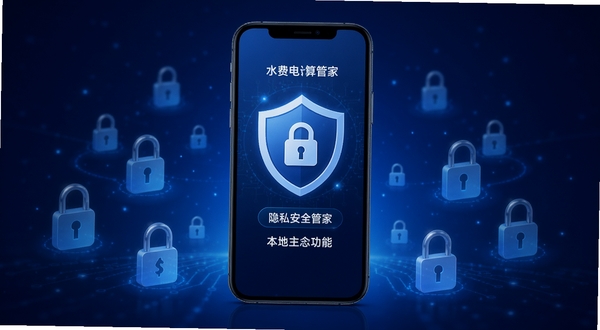 水费电费计算管家隐私保护功能示意图,画面中央为手机屏幕显示盾牌图标与本地存储标识,背景为深蓝色科技感渐变,周围环绕锁形元素,突出数据安全与离线使用特点