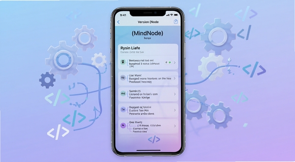 思维导图(MindNode)版本更新界面示意图，画面展示手机屏幕中软件关于页面，清晰列出更新日志条目，背景是柔和的蓝紫色渐变，屏幕周围漂浮着抽象的齿轮和代码符号，象征版本迭代与功能优化，整体风格简洁现代，手机居中放置，光线均匀，细节锐利