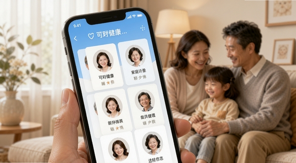 可孚健康APP家庭成员管理界面,手机屏幕显示多个头像档案卡片,背景为温暖的家庭场景,柔和色调,体现亲情关怀与健康管理