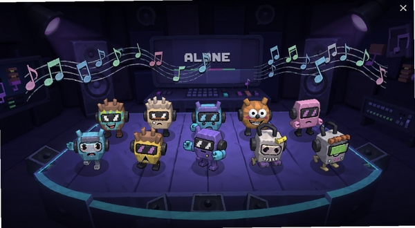 节奏盒子Alone音乐创作界面全景展示,画面中央是多个卡通音乐角色排列在舞台上,背景是深色录音棚风格,周围散落着音符和节拍符号,整体色调以紫色和蓝色为主,充满科技感与音乐氛围