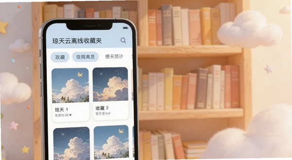 琼天云离线收藏夹界面展示,画面主体为手机屏幕呈现分类标签与收藏卡片列表,背景为暖色调书架与云朵元素,风格清新浅色,适配Boogu模型生成
