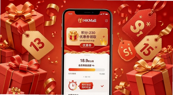 HKMall 优惠活动与会员权益页面,画面中央为手机屏幕展示优惠券领取界面与会员等级进度条,背景为礼盒、彩带与折扣标签元素,整体采用红色与金色搭配的促销氛围,细节包含积分数字与限时倒计时图标。
