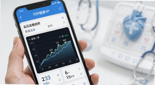 可孚健康APP数据记录界面展示图,手机屏幕显示血压血糖趋势折线图,背景为简洁的医疗健康风格,蓝白配色,画面清晰展示数据可视化效果