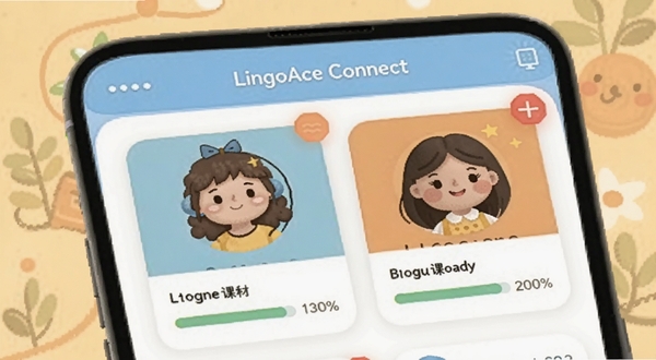 LingoAce Connect 多学员管理界面,画面展示手机屏幕中两个学员头像卡片与各自课程进度条,背景为柔和暖色调,有消息角标提示,风格亲切友好,适合Boogu模型生成