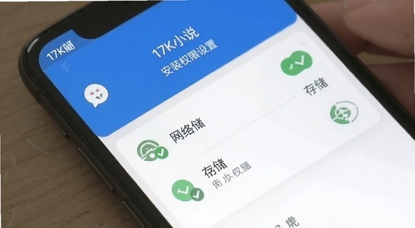 17K小说 安装权限设置界面 手机屏幕显示应用权限管理页面 勾选存储和网络权限 简洁扁平化设计