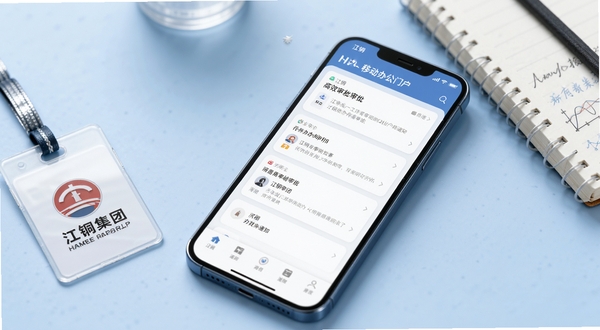 江铜Home移动办公门户界面特写,手机屏幕显示待办审批列表与消息通知卡片,画面角落放置江铜集团工牌与笔记本,背景为柔和浅蓝色调,突出高效办公氛围